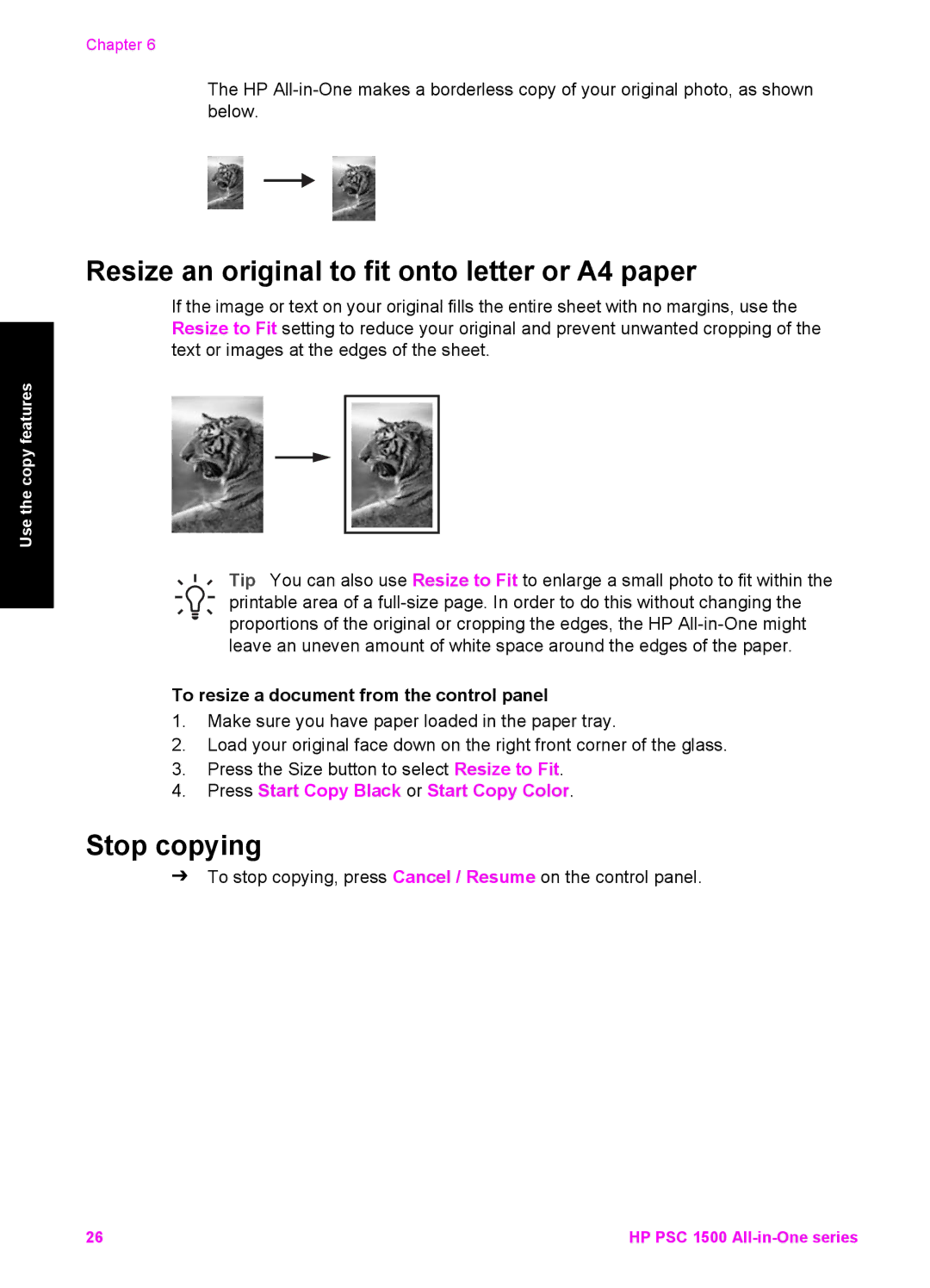 HP 1513 manual Resize an original to fit onto letter or A4 paper, Stop copying, To resize a document from the control panel 