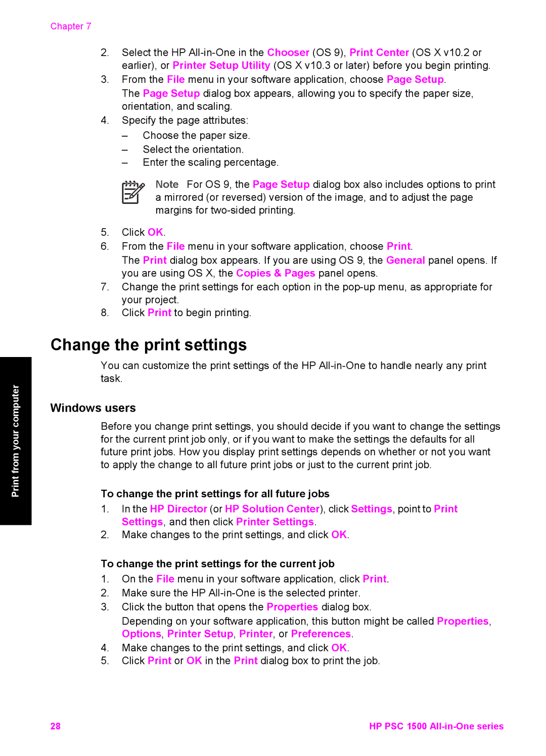 HP 1510xi, 1510v, 1513 manual Change the print settings, Windows users, To change the print settings for all future jobs 