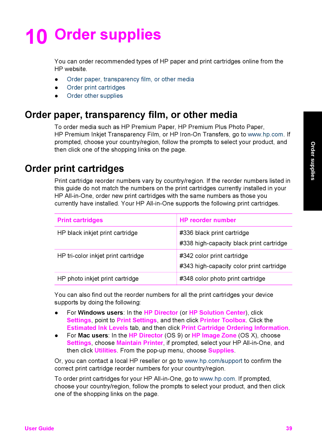 HP 1510v, 1510xi, 1513 manual Order supplies, Order paper, transparency film, or other media, Order print cartridges 