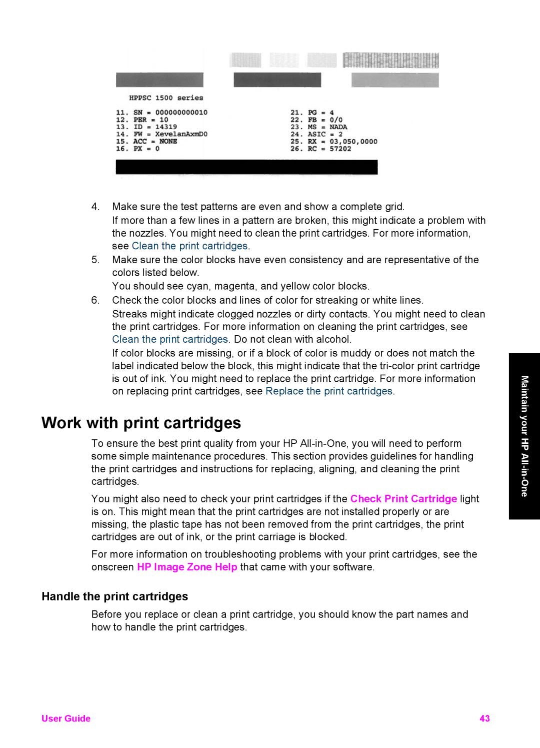 HP 1510xi, 1510v, 1513 manual Work with print cartridges, Handle the print cartridges 