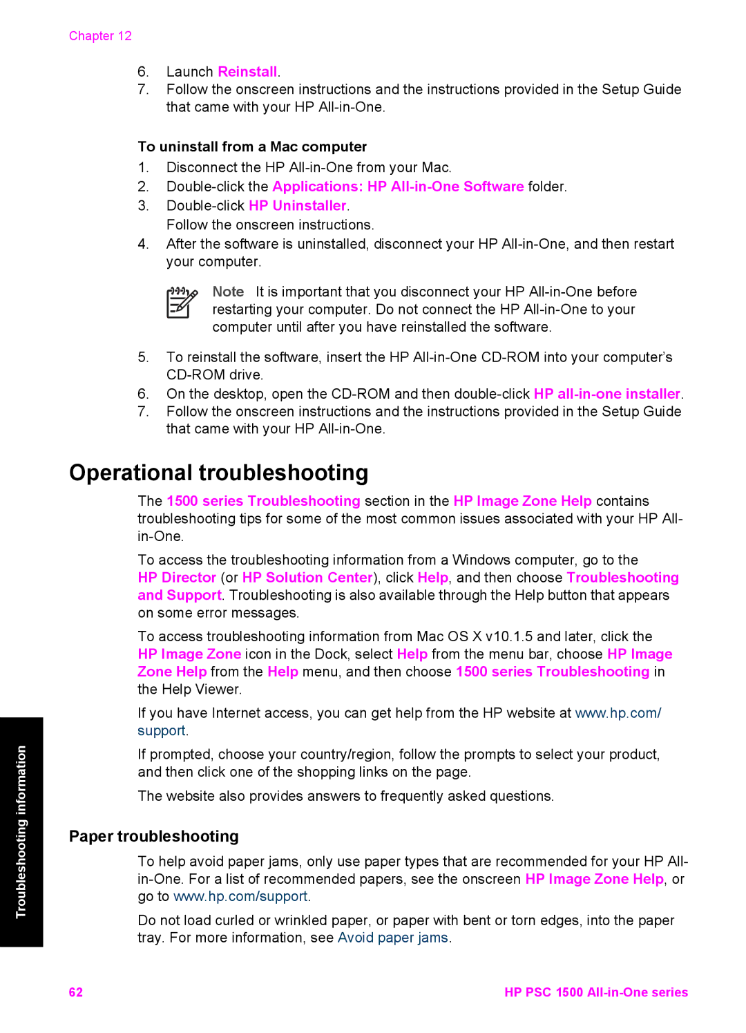 HP 1513, 1510v manual Operational troubleshooting, Paper troubleshooting, Launch Reinstall, To uninstall from a Mac computer 