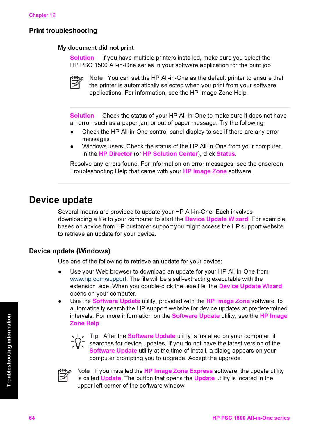 HP 1510xi, 1510v, 1513 manual Print troubleshooting, Device update Windows, My document did not print 