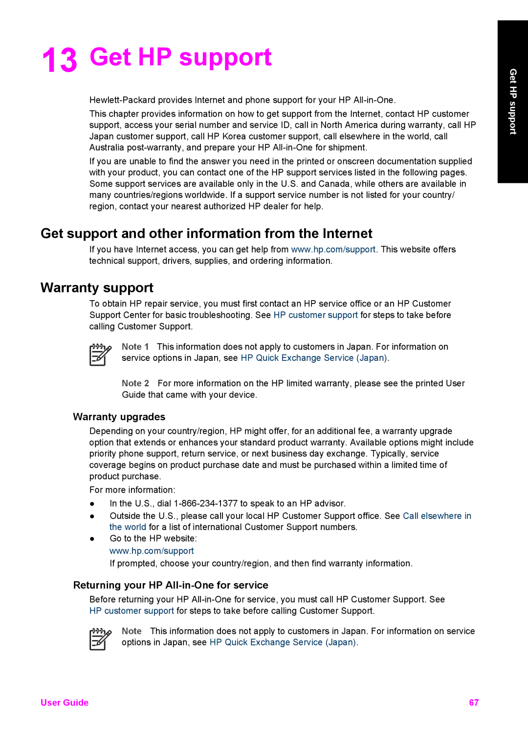 HP 1510xi, 1510v, 1513 manual Get HP support, Warranty upgrades, Returning your HP All-in-One for service 