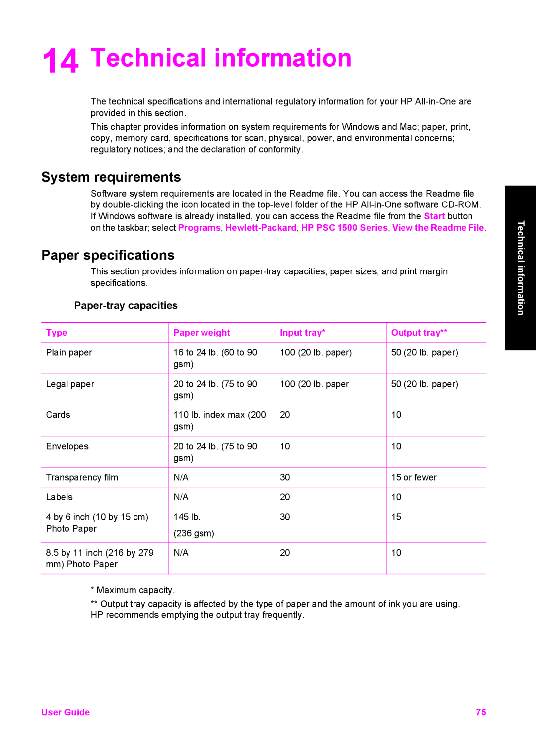 HP 1510v, 1510xi, 1513 manual Technical information, System requirements, Paper specifications, Paper-tray capacities 