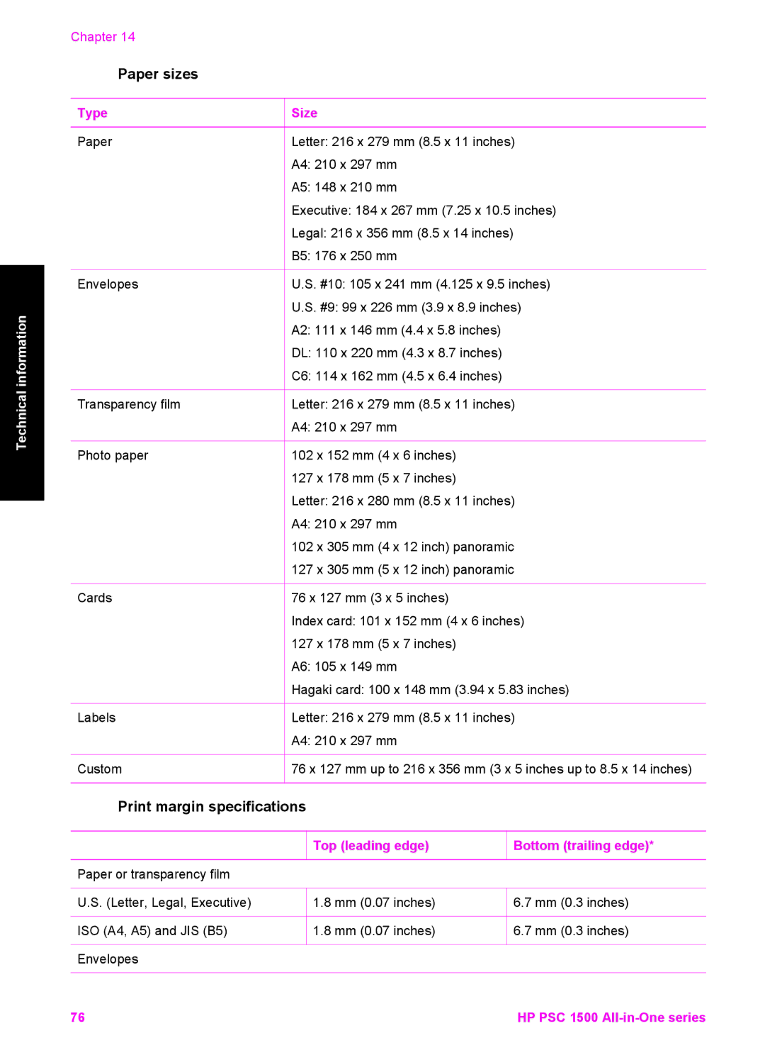 HP 1510xi, 1510v, 1513 manual Paper sizes, Print margin specifications 