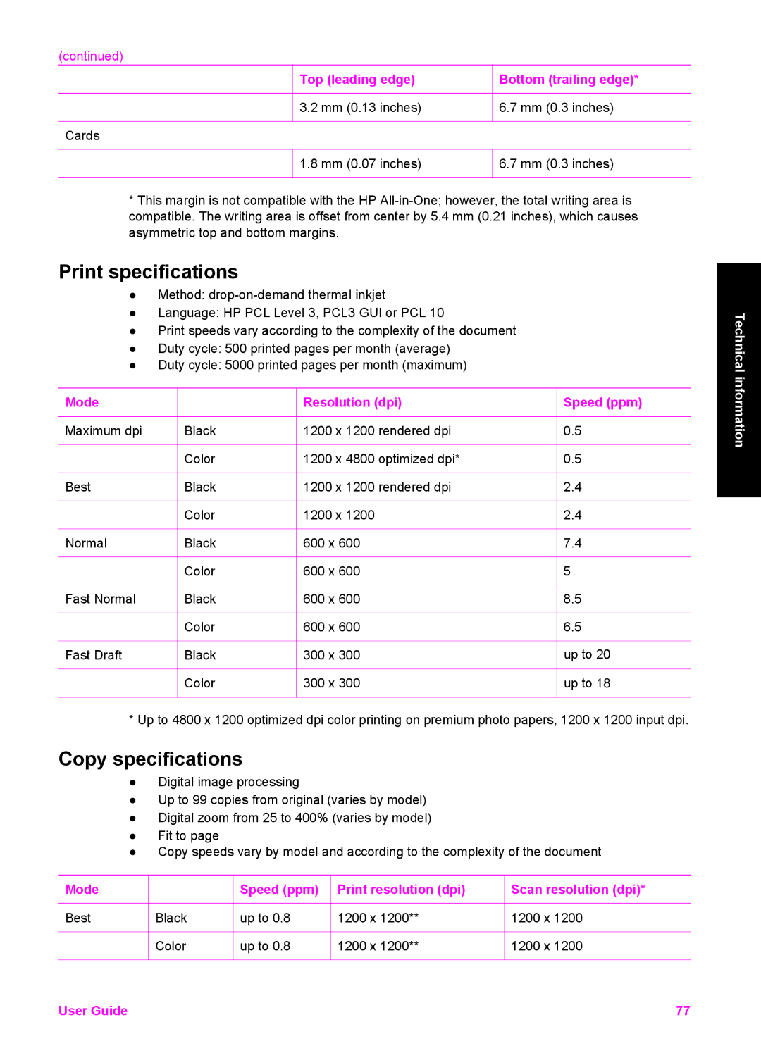 HP 1513, 1510v, 1510xi manual Print specifications, Copy specifications 