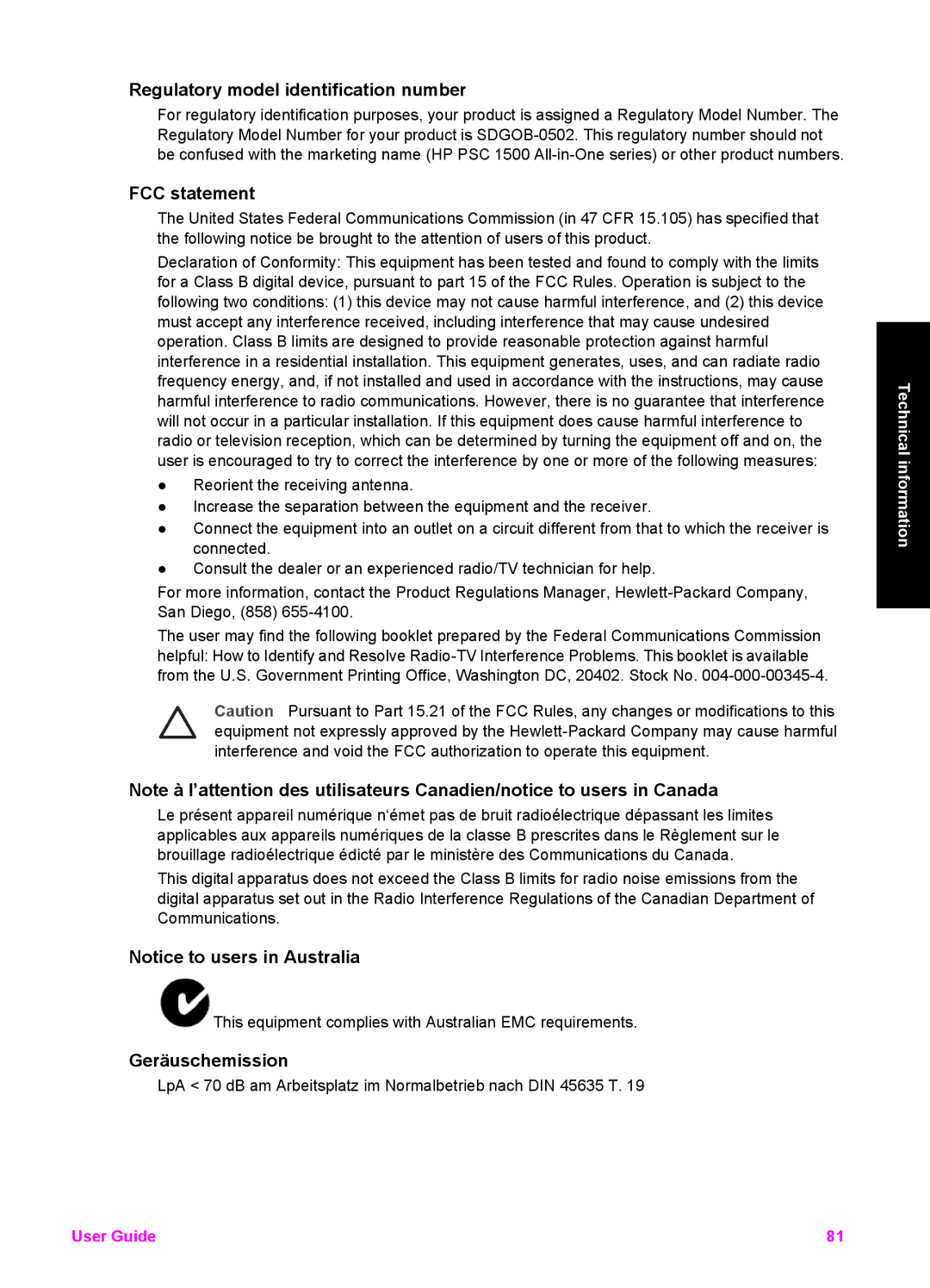 HP 1510v, 1510xi, 1513 manual Regulatory model identification number, FCC statement, Geräuschemission 