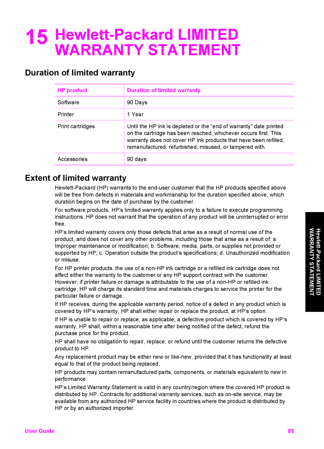 HP 1510xi, 1510v, 1513 Hewlett-Packard Limited Warranty Statement, Duration of limited warranty, Extent of limited warranty 