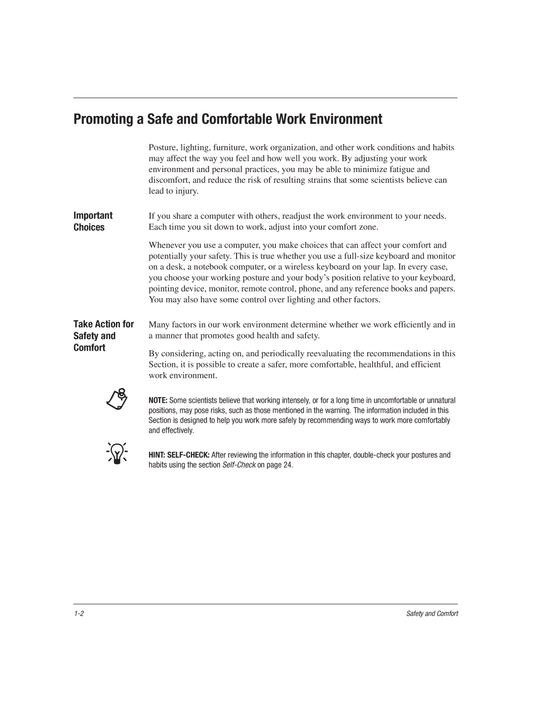 HP 1515EA manual Promoting a Safe and Comfortable Work Environment, Important Choices 