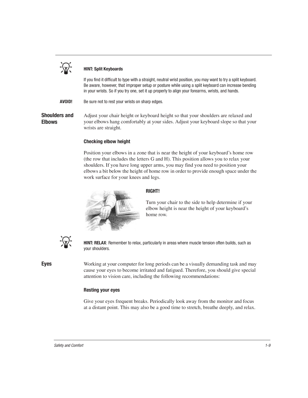 HP 1515EA manual Shoulders and Elbows Eyes, Checking elbow height, Resting your eyes 