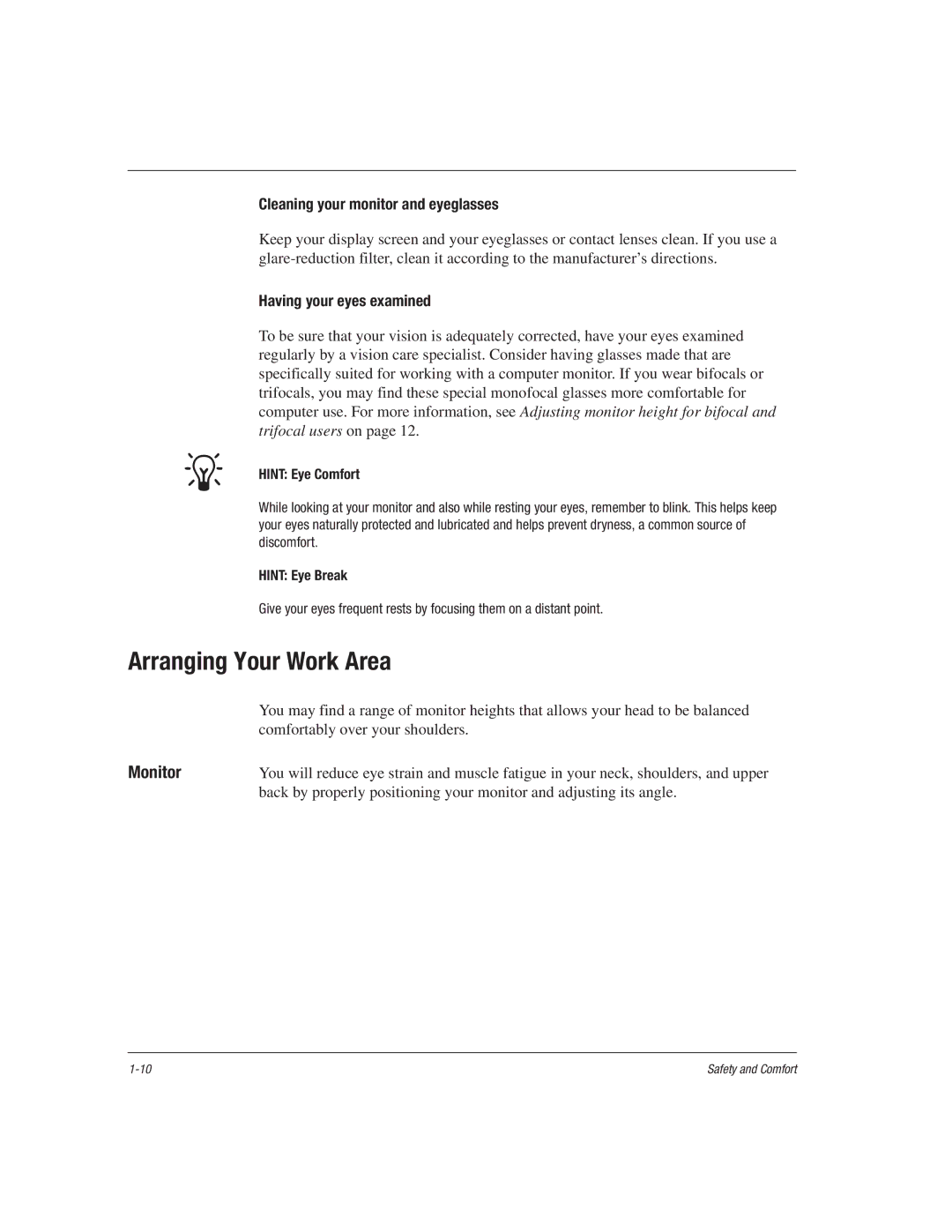 HP 1515EA manual Arranging Your Work Area, Cleaning your monitor and eyeglasses, Having your eyes examined 