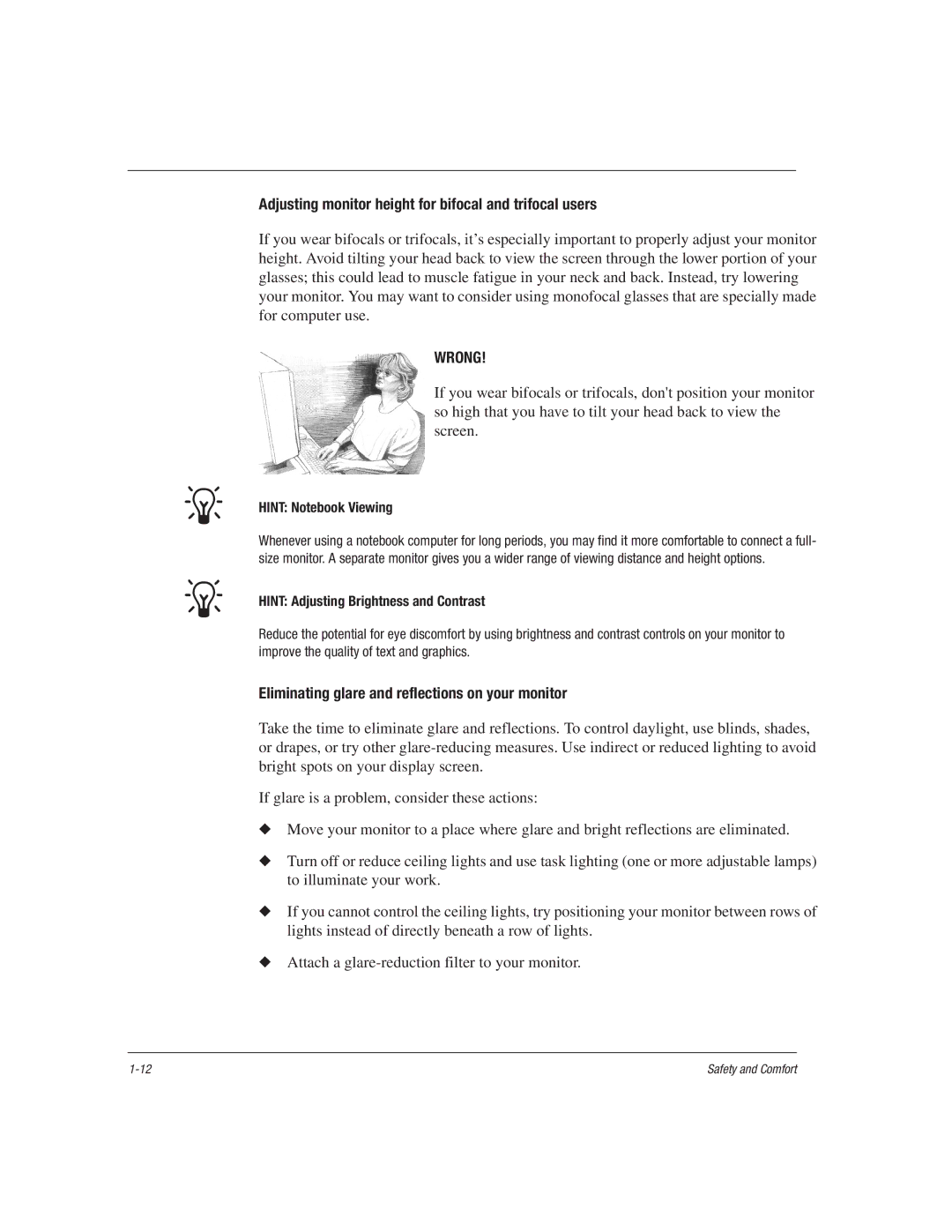 HP 1515EA manual Adjusting monitor height for bifocal and trifocal users, Eliminating glare and reflections on your monitor 