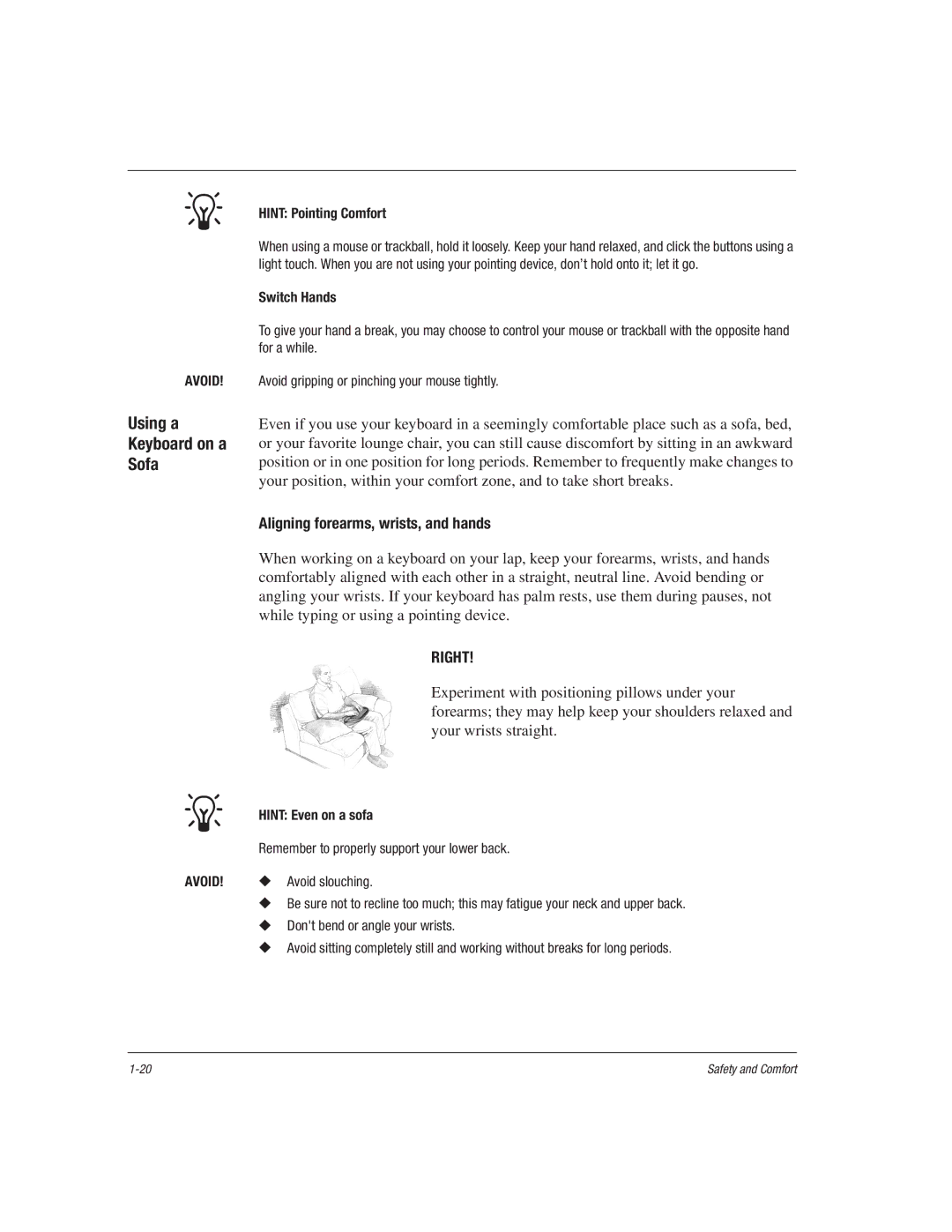 HP 1515EA manual Using a Keyboard on a Sofa, Aligning forearms, wrists, and hands 