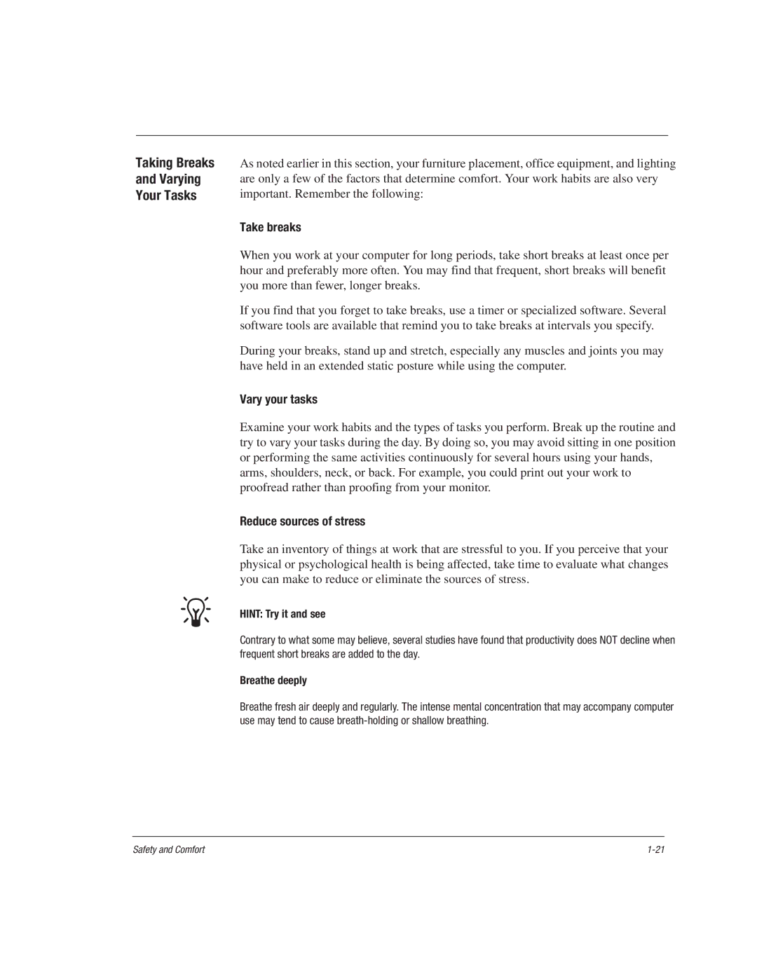 HP 1515EA manual Taking Breaks Varying Your Tasks, Take breaks, Vary your tasks, Reduce sources of stress 