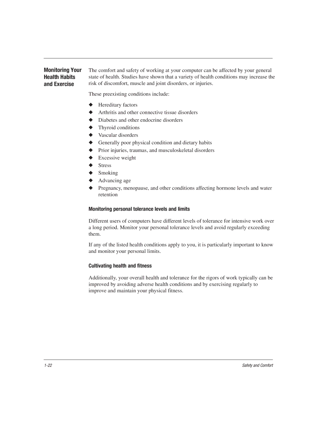 HP 1515EA manual Monitoring Your Health Habits Exercise, Monitoring personal tolerance levels and limits 