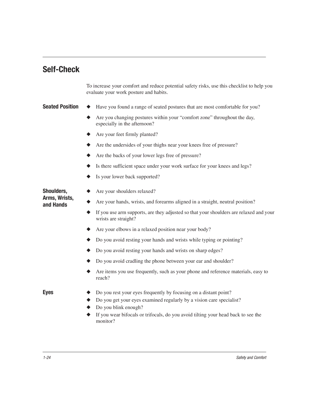 HP 1515EA manual Self-Check, Seated Position Shoulders Arms, Wrists Hands Eyes 