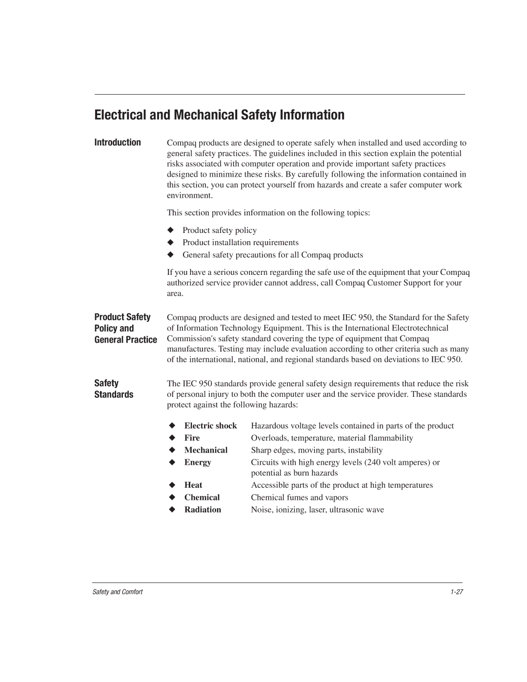 HP 1515EA manual Electrical and Mechanical Safety Information, Product Safety Policy General Practice, Safety Standards 