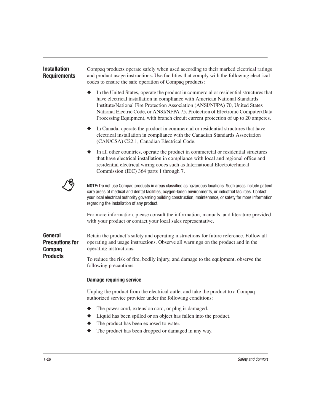 HP 1515EA manual General Precautions for Compaq Products, Damage requiring service 