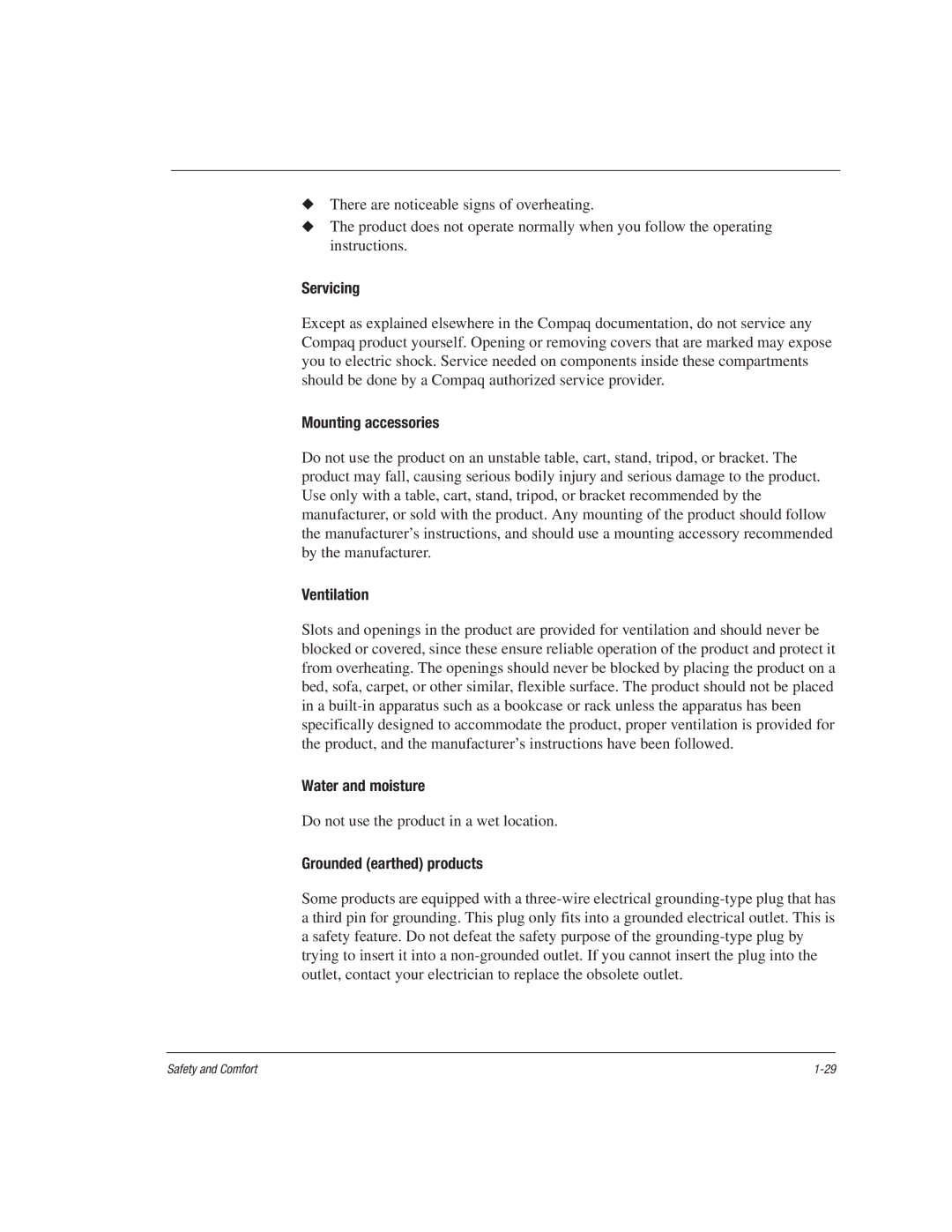 HP 1515EA manual Servicing, Mounting accessories, Ventilation, Water and moisture, Grounded earthed products 