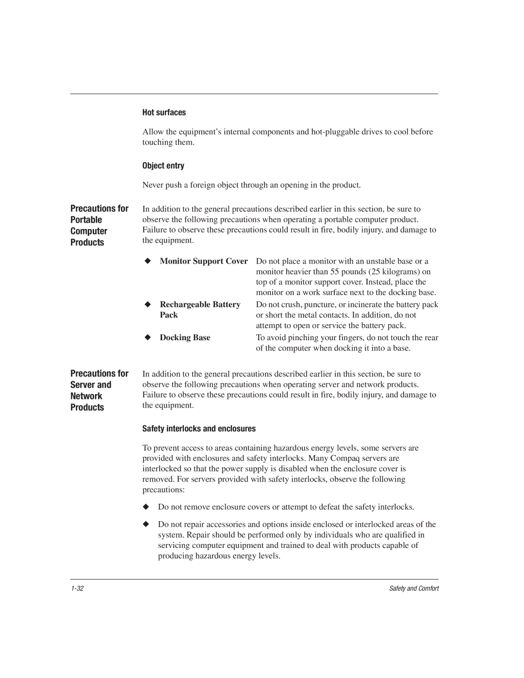 HP 1515EA manual Precautions for Portable Computer Products, Precautions for Server and Network Products, Hot surfaces 