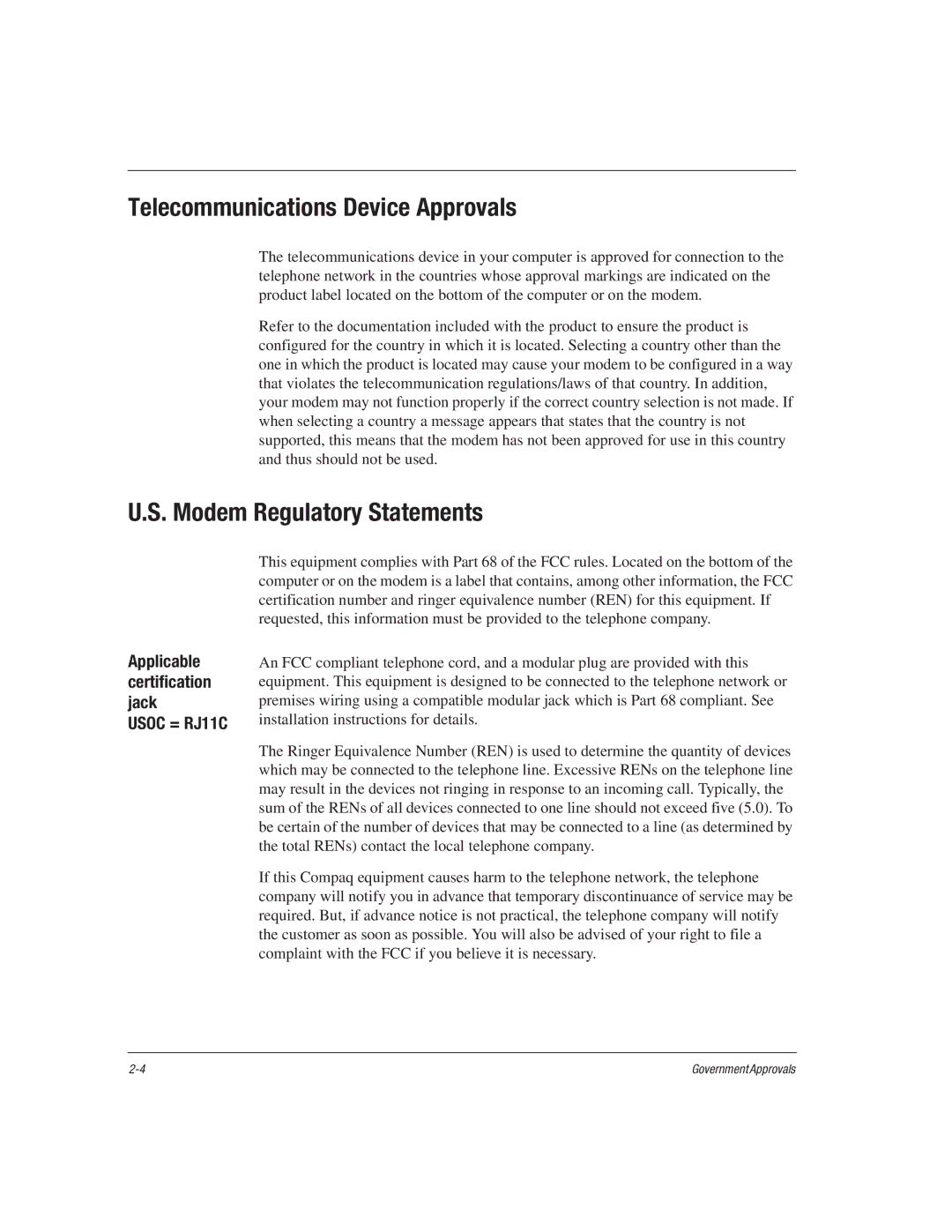 HP 1515EA manual Telecommunications Device Approvals, Modem Regulatory Statements, Applicable certification jack 