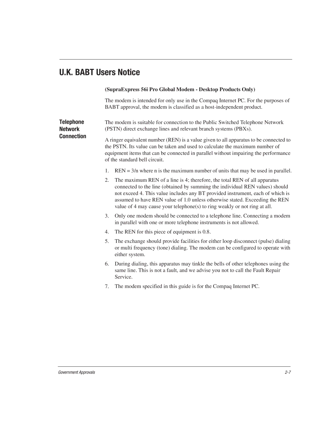 HP 1515EA manual Babt Users Notice, Telephone, Network, Connection 