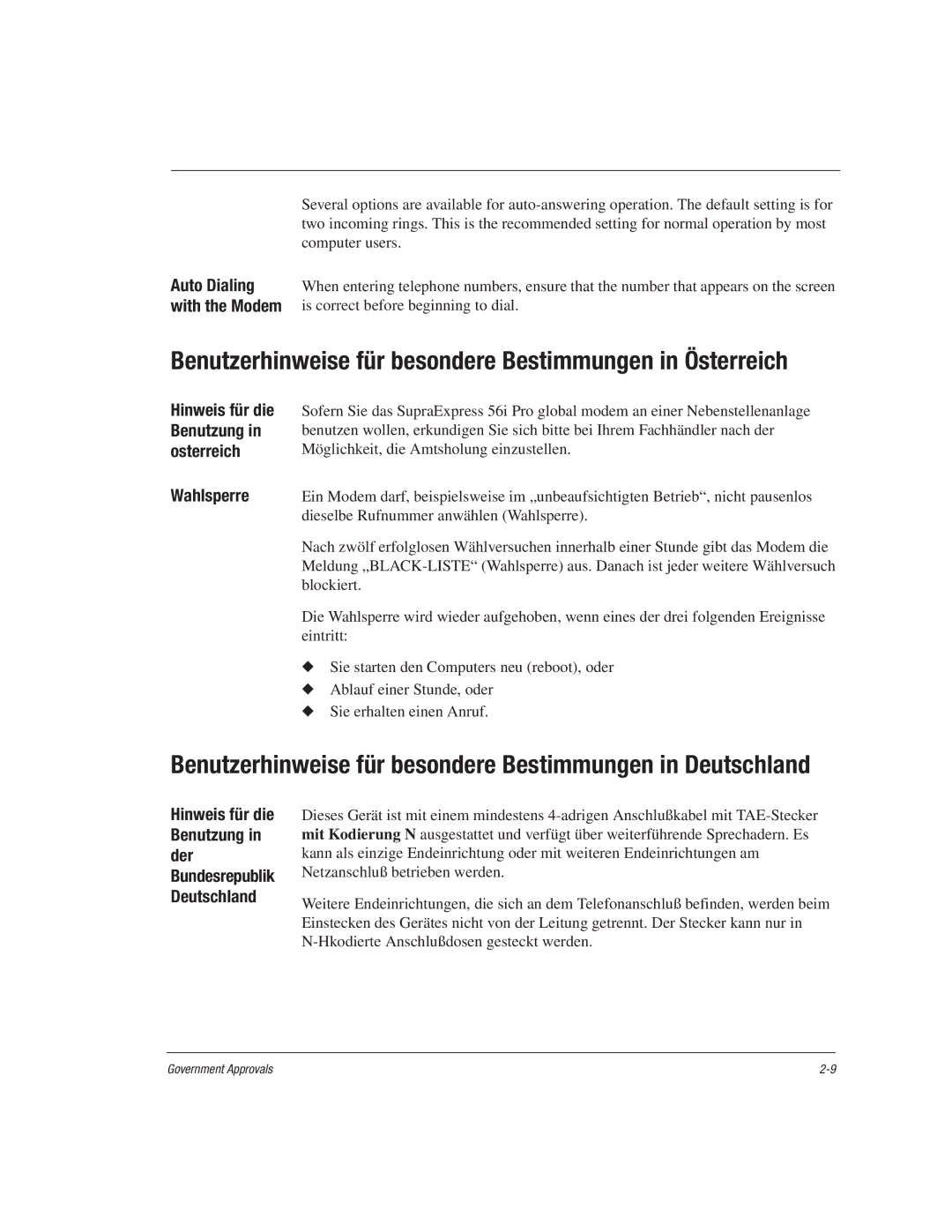 HP 1515EA Benutzerhinweise für besondere Bestimmungen in Österreich, Wahlsperre, Hinweis für die Benutzung in osterreich 