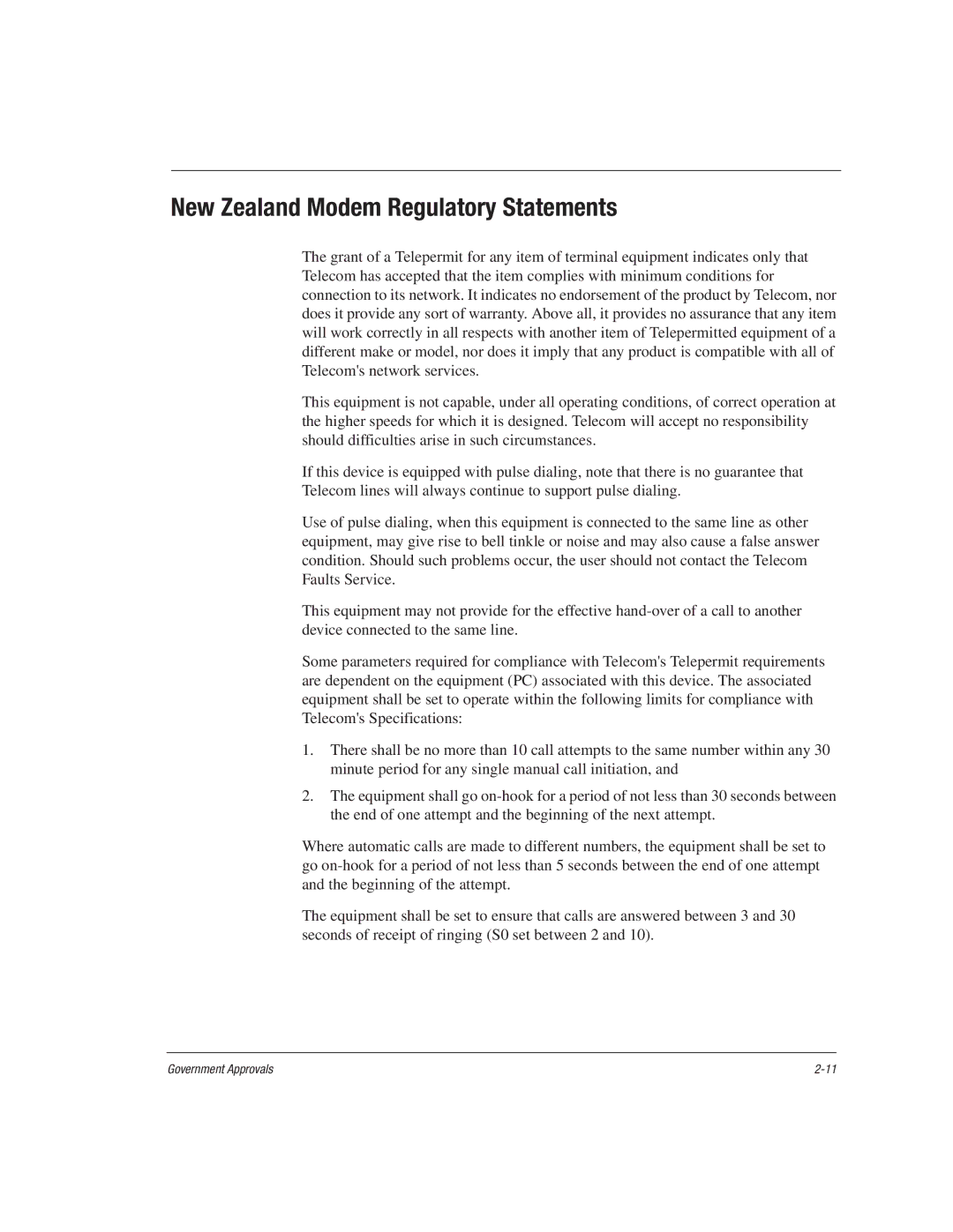 HP 1515EA manual New Zealand Modem Regulatory Statements 