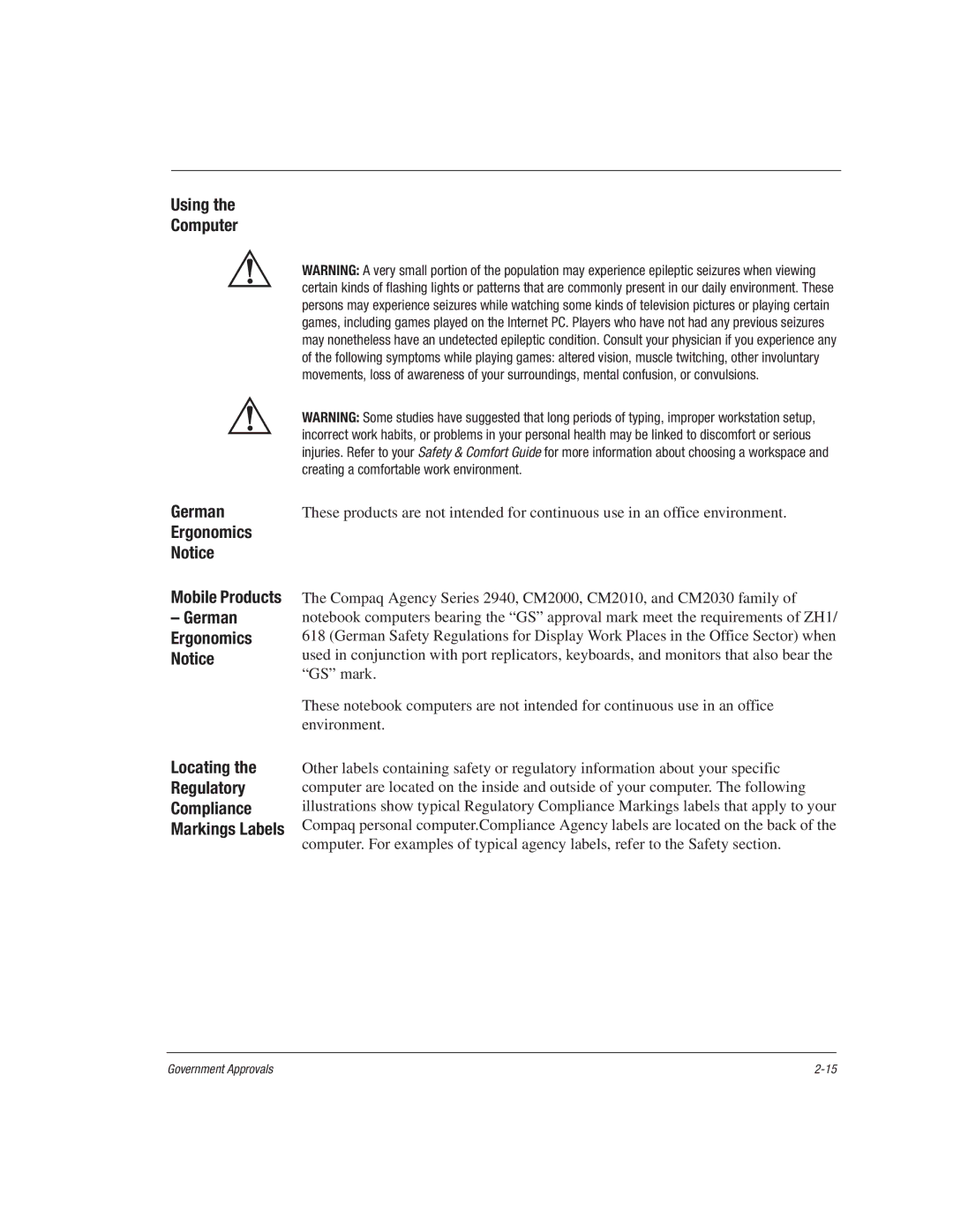 HP 1515EA manual Using Computer German, Ergonomics Mobile Products, Locating Regulatory Compliance Markings Labels 