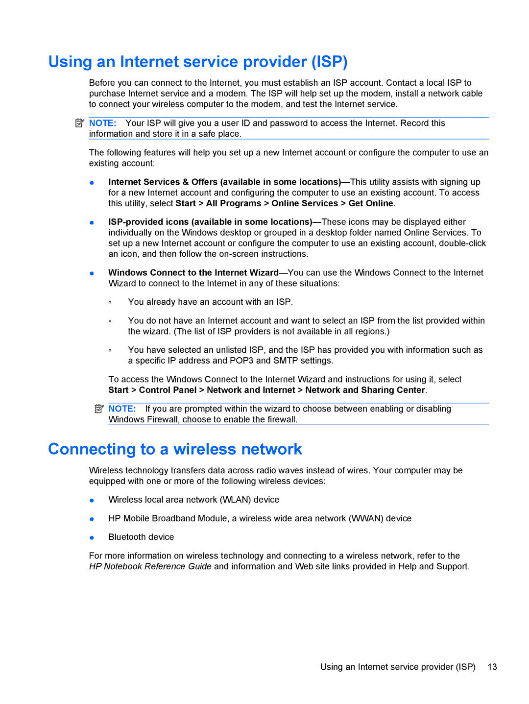 HP 15.6' A7A56UAR#ABA manual Using an Internet service provider ISP, Connecting to a wireless network 