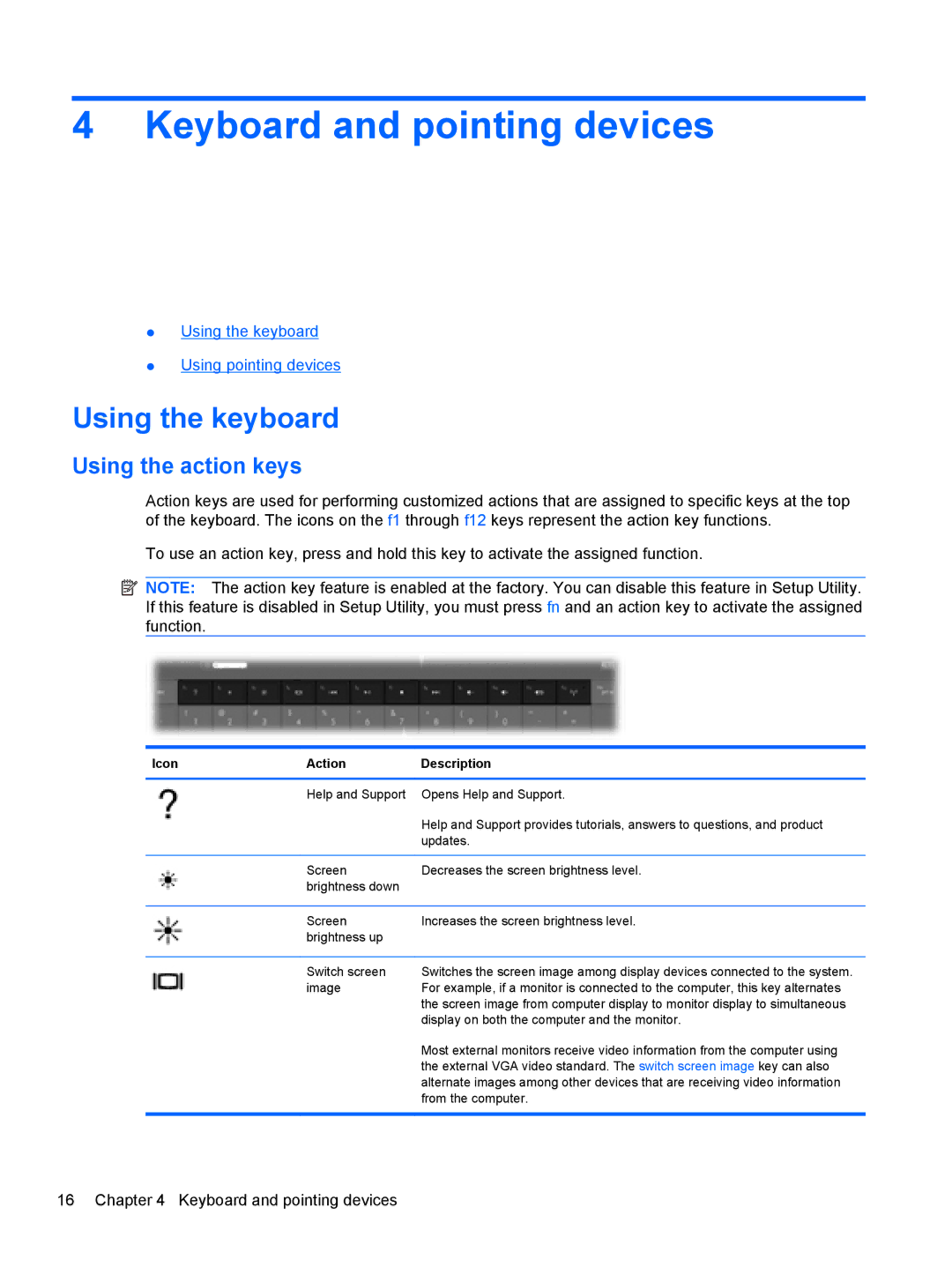 HP 15.6' A7A56UAR#ABA manual Keyboard and pointing devices, Using the keyboard, Using the action keys 