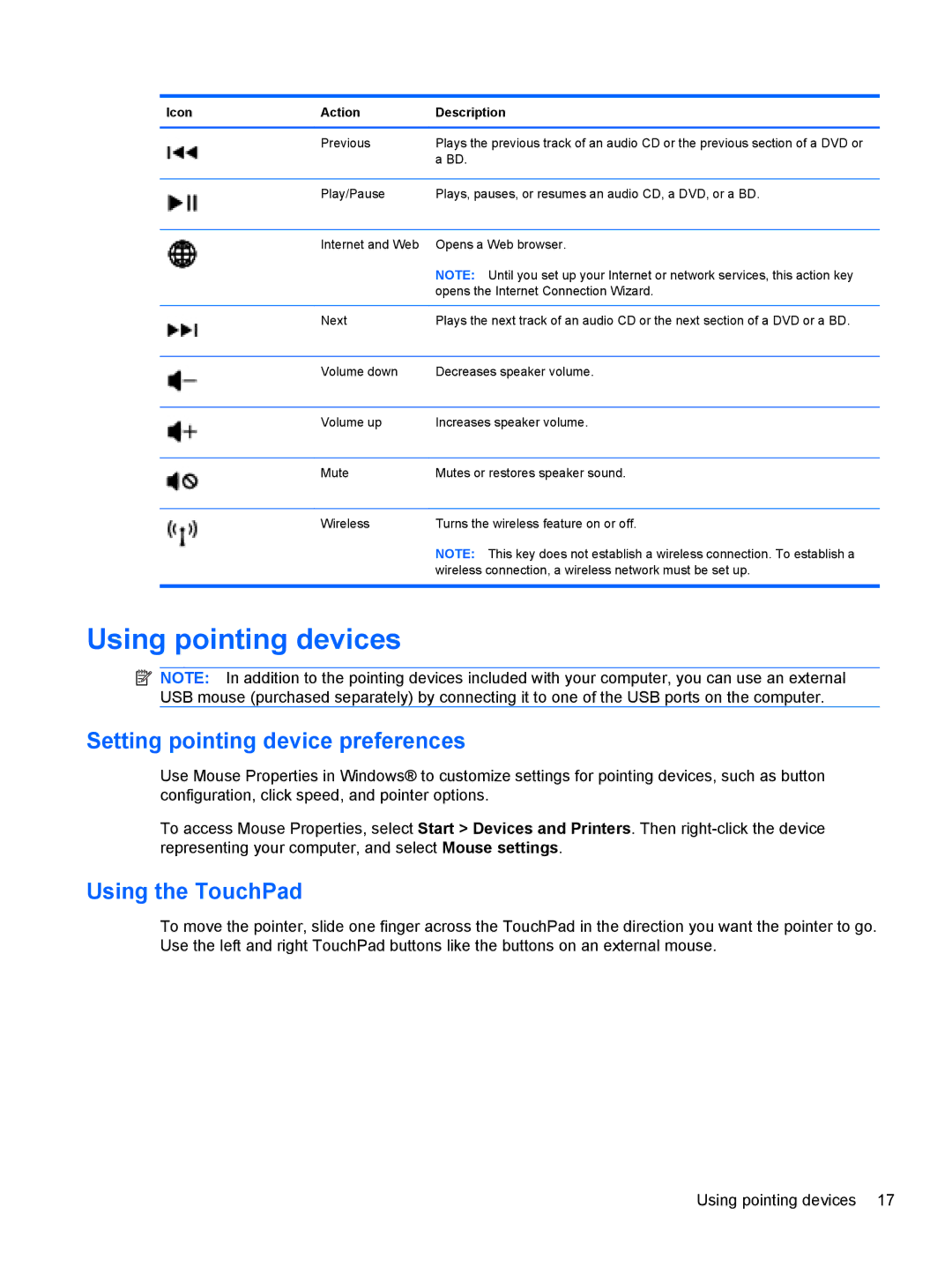 HP 15.6' A7A56UAR#ABA manual Using pointing devices, Setting pointing device preferences, Using the TouchPad 