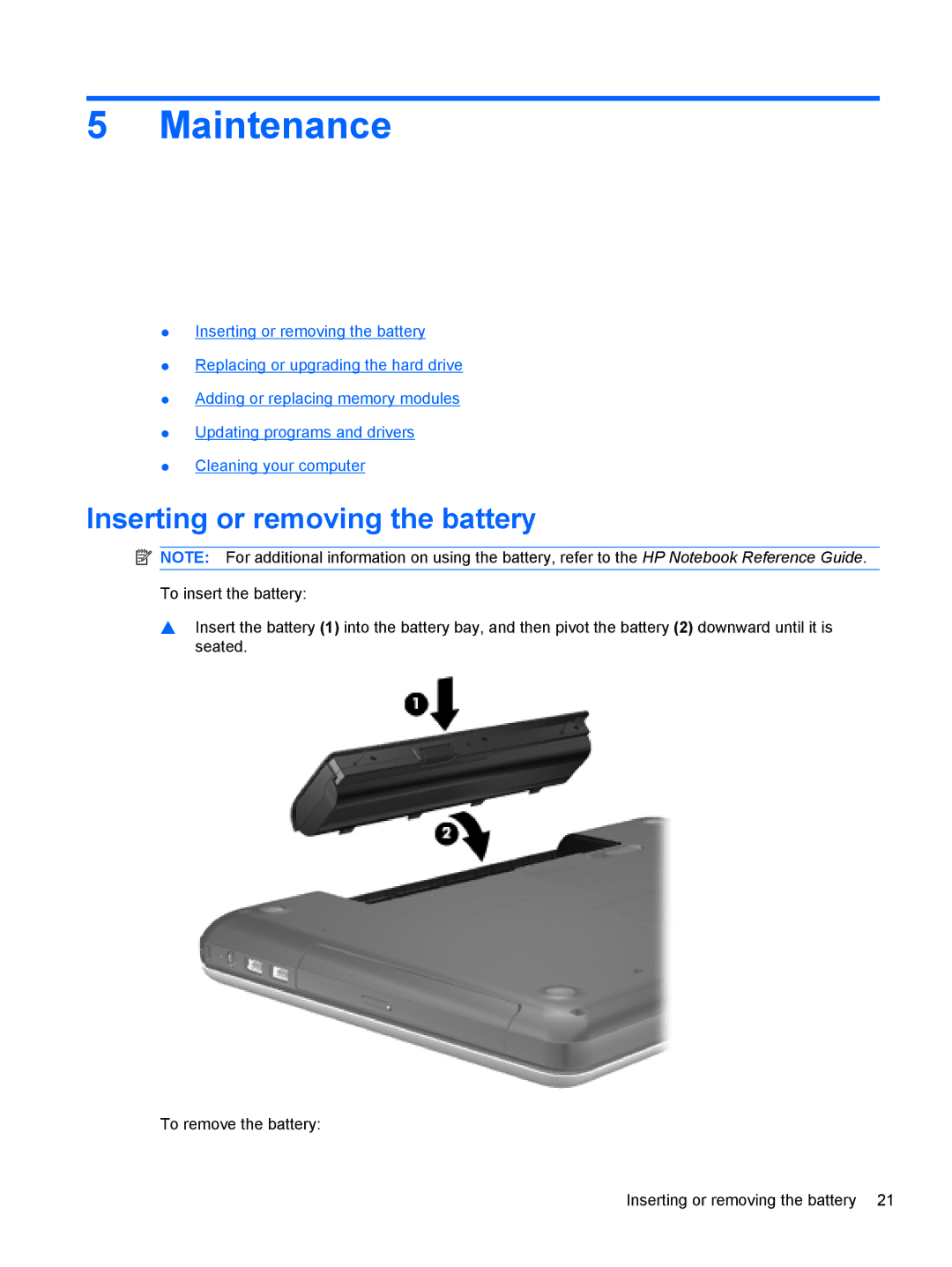 HP 15.6' A7A56UAR#ABA manual Maintenance, Inserting or removing the battery 