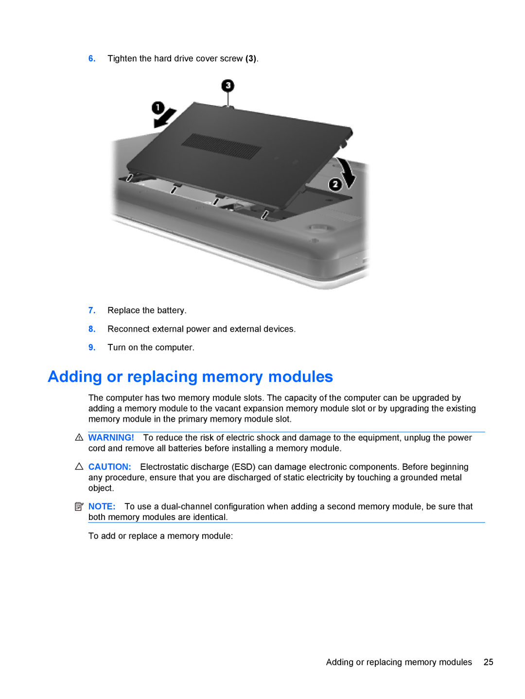 HP 15.6' A7A56UAR#ABA manual Adding or replacing memory modules 