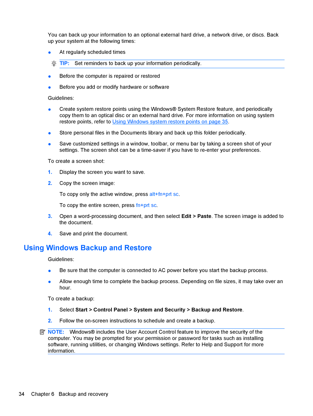 HP 15.6' A7A56UAR#ABA manual Using Windows Backup and Restore 