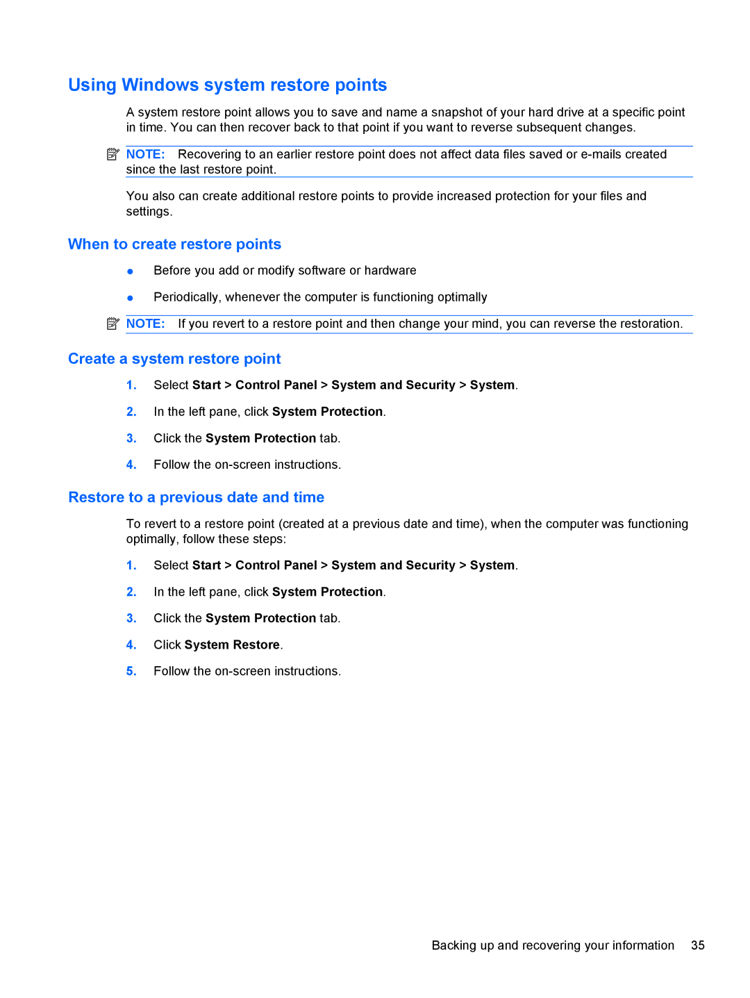 HP 15.6' A7A56UAR#ABA manual Using Windows system restore points, When to create restore points 