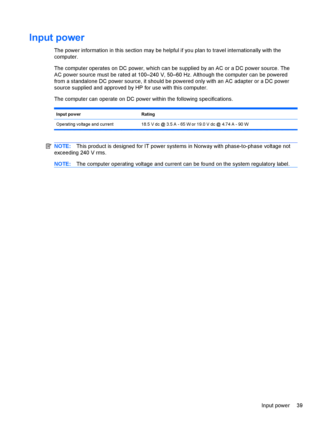 HP 15.6' A7A56UAR#ABA manual Input power 