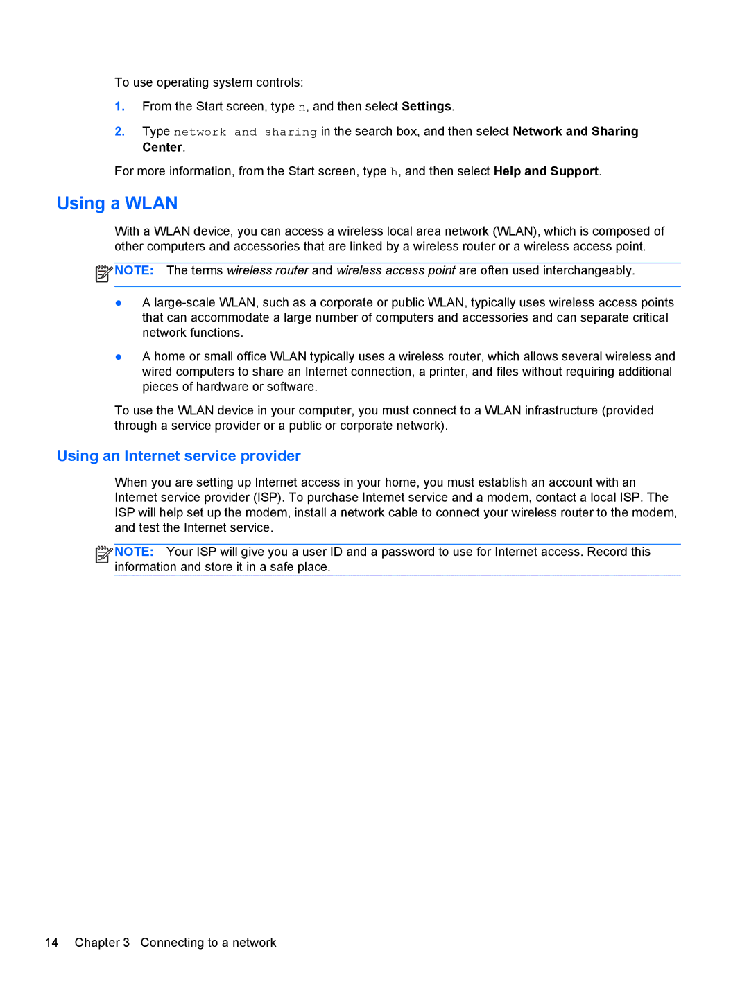 HP 15.6-Inch C2N46UA#ABA manual Using a Wlan, Using an Internet service provider 