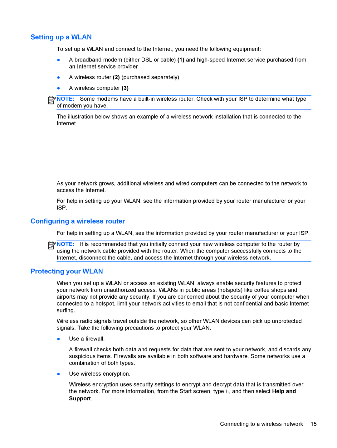 HP 15.6-Inch C2N46UA#ABA manual Setting up a Wlan, Configuring a wireless router, Protecting your Wlan 