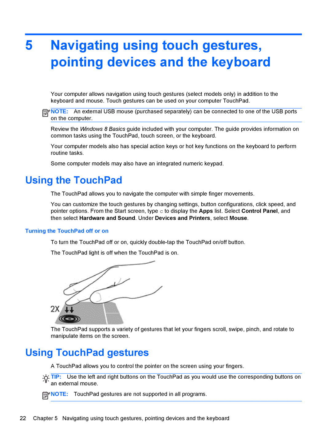 HP 15.6-Inch C2N46UA#ABA manual Using the TouchPad, Using TouchPad gestures 