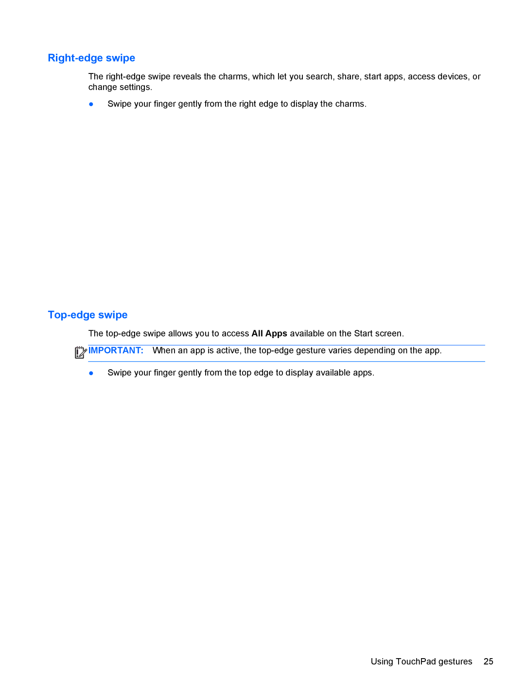 HP 15.6-Inch C2N46UA#ABA manual Right-edge swipe, Top-edge swipe 