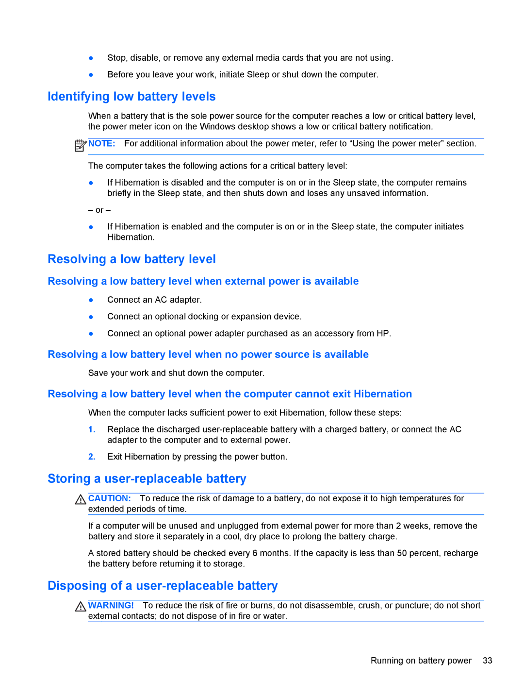 HP 15.6-Inch C2N46UA#ABA Identifying low battery levels, Resolving a low battery level, Storing a user-replaceable battery 