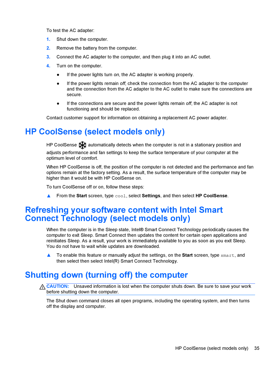 HP 15.6-Inch C2N46UA#ABA manual HP CoolSense select models only, Shutting down turning off the computer 