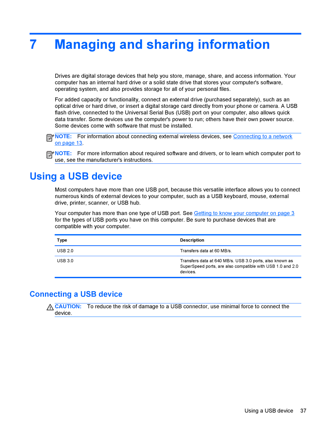 HP 15.6-Inch C2N46UA#ABA Managing and sharing information, Using a USB device, Connecting a USB device, Type Description 