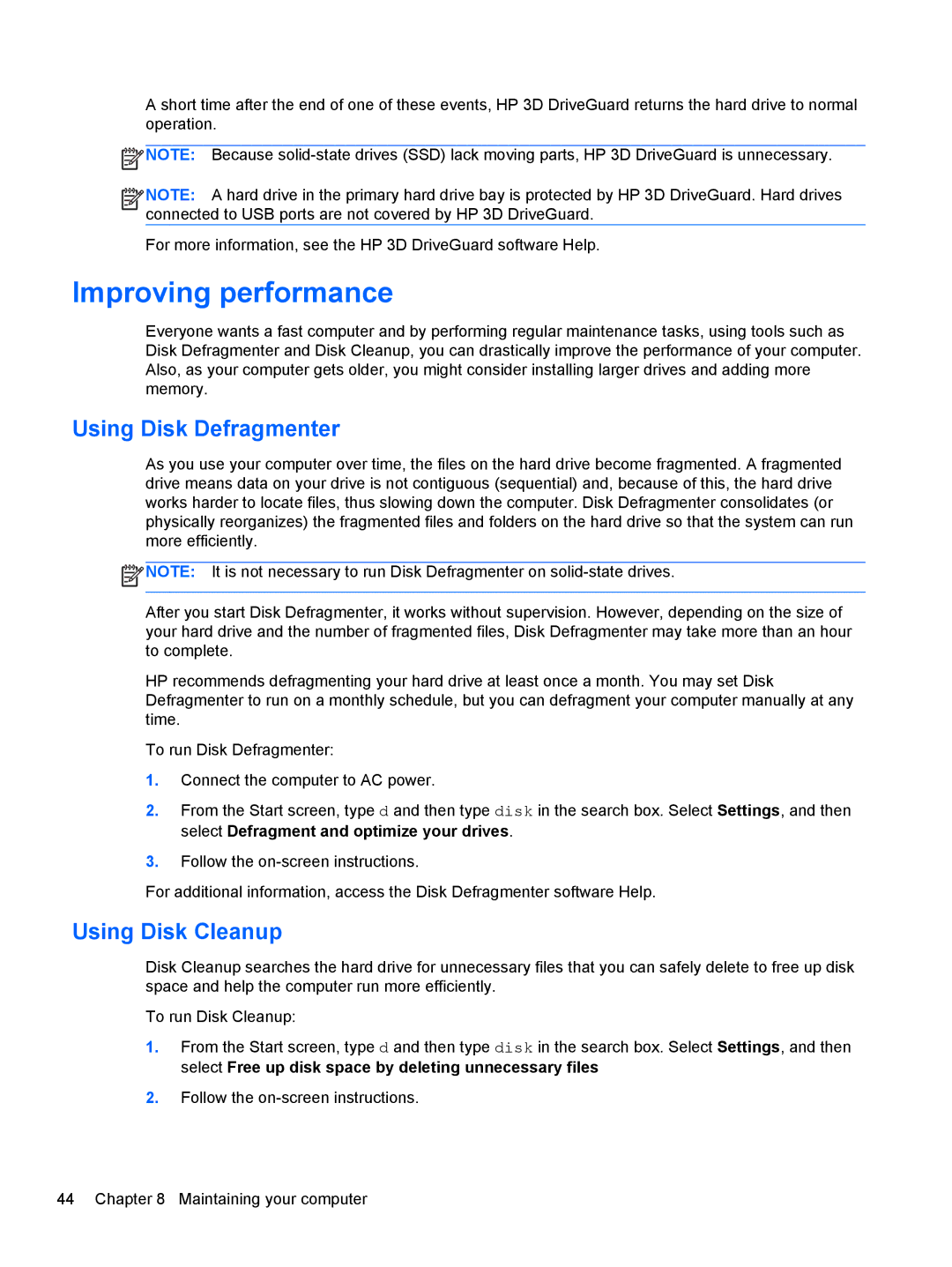 HP 15.6-Inch C2N46UA#ABA manual Improving performance, Using Disk Defragmenter, Using Disk Cleanup 