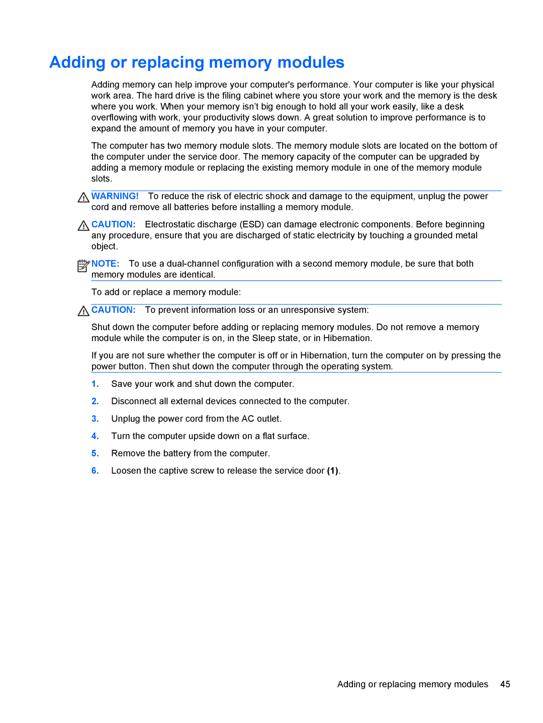 HP 15.6-Inch C2N46UA#ABA manual Adding or replacing memory modules 