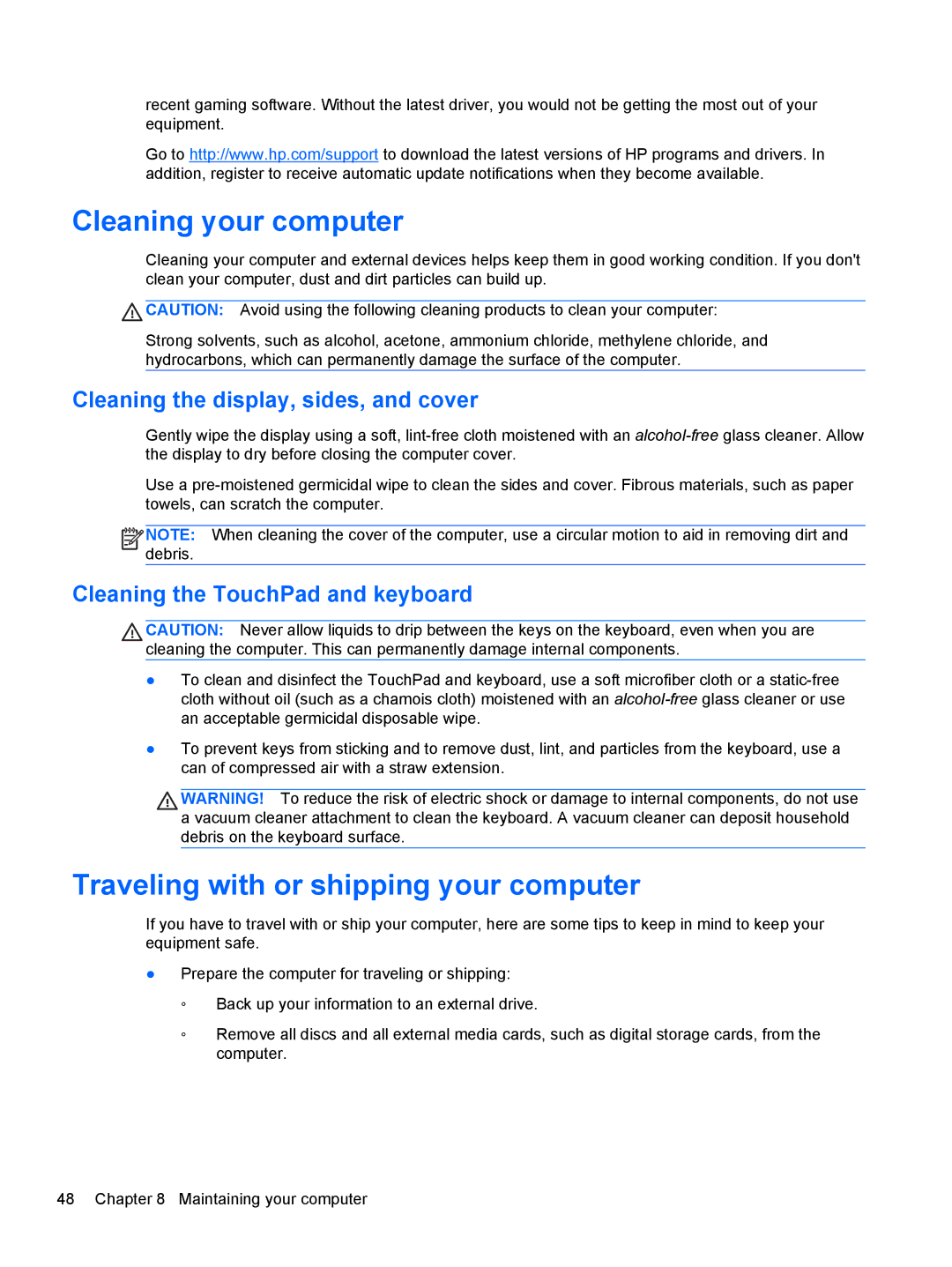 HP 15.6-Inch C2N46UA#ABA manual Cleaning your computer, Traveling with or shipping your computer 