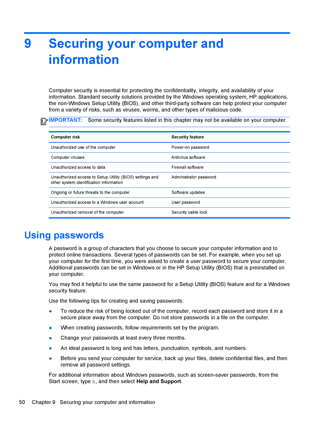 HP 15.6-Inch C2N46UA#ABA manual Securing your computer and information, Using passwords, Computer risk Security feature 