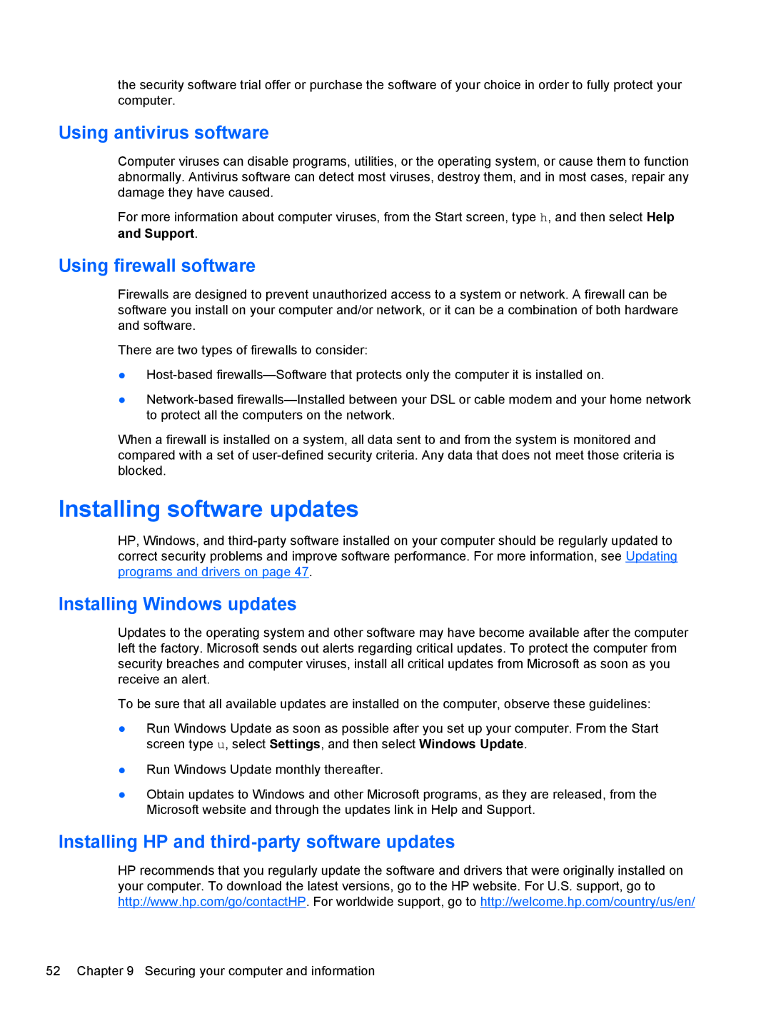 HP 15.6-Inch C2N46UA#ABA manual Installing software updates, Using antivirus software, Using firewall software 