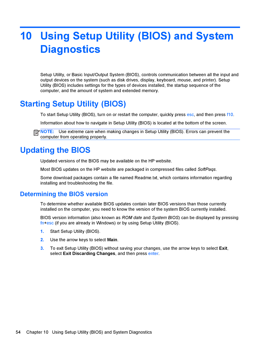 HP 15.6-Inch C2N46UA#ABA Using Setup Utility Bios and System Diagnostics, Starting Setup Utility Bios, Updating the Bios 